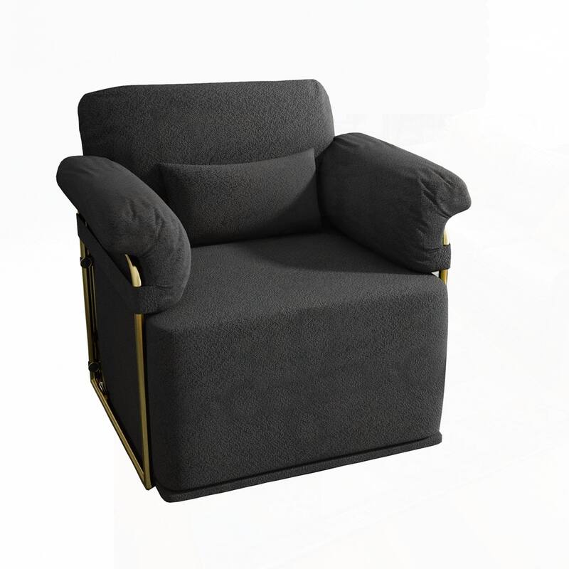 360 Degree Barrel Swivel Fluffy Fabric Lounge Wide Upholstered Reading Chair with Gold Metal Legs - Black - Square Seat
