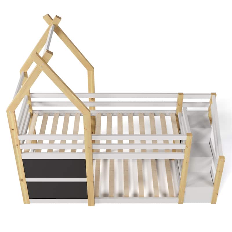 Merax Twin over Twin House Bunk Bed with White Storage Staircase and 2 Blackboards