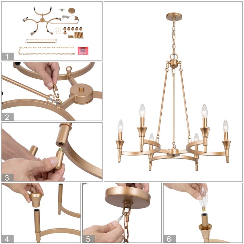 Mid-century Modern 6-light Wheel Chandelier Wagon Wheel Candle Lights Brass Gold Metal
