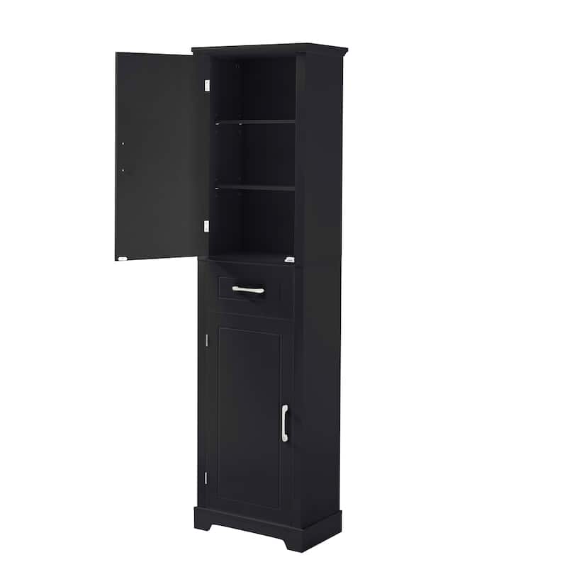 Roomfitters 63" Tall Bathroom Storage Cabinet, Freestanding Linen Tower with Door-Mounted Shelves and Drawer, Black