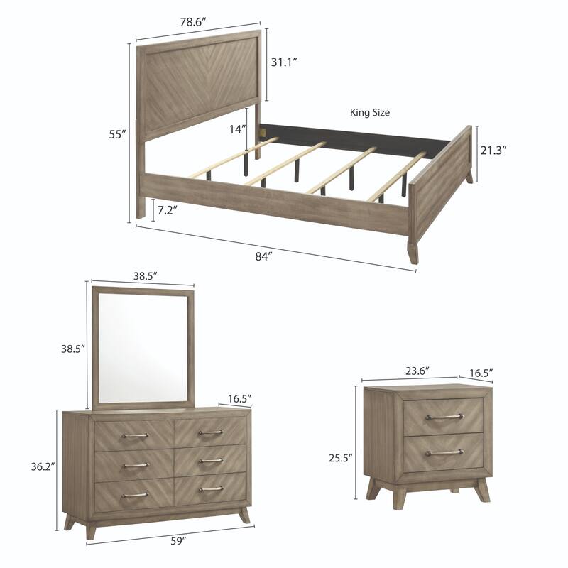 Roundhill Furniture Arena Contemporary Wood Bedroom Set: Panel Bed, Dresser, Mirror, 2 Nightstands in Antique Gray