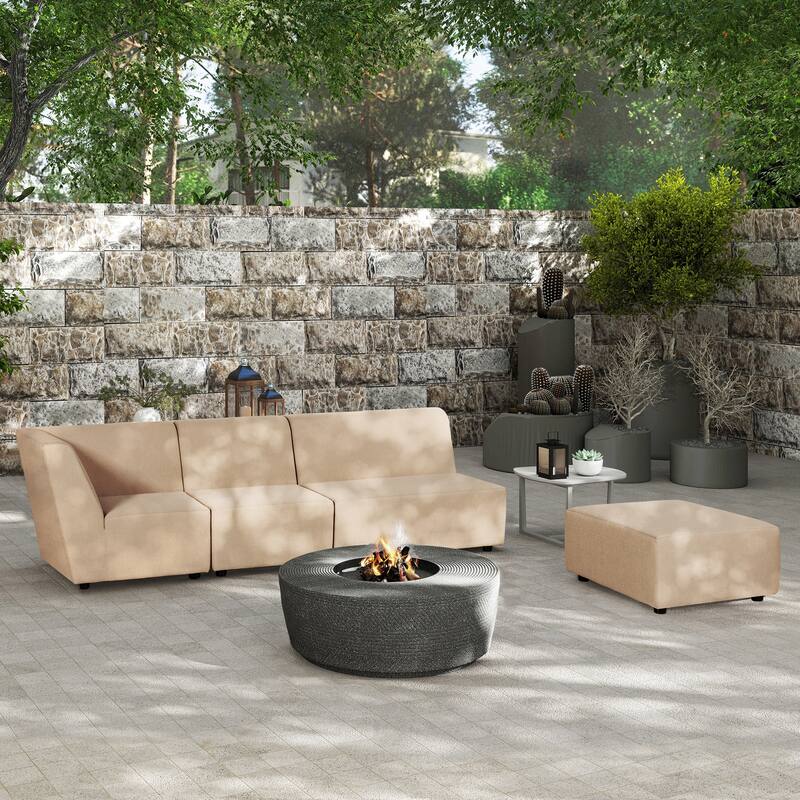 Cleo 140" Outdoor Sectional Sofa with Ottoman - Almond Beige Axroma Olefin