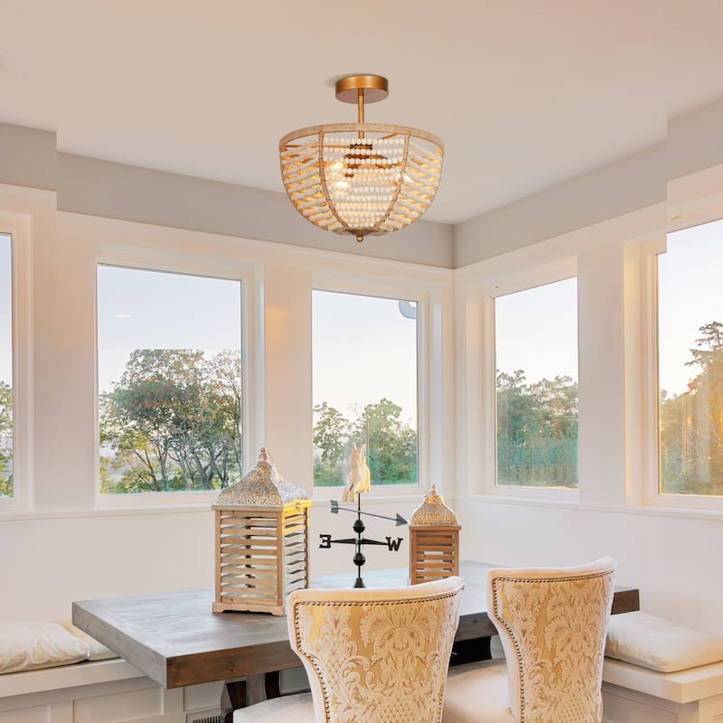 Coastal Boho Beaded 3-Light Chandelier Gold Semi-flush Mount Ceiling Light for Foyer Entry - Dia. 14" x H 13.7"