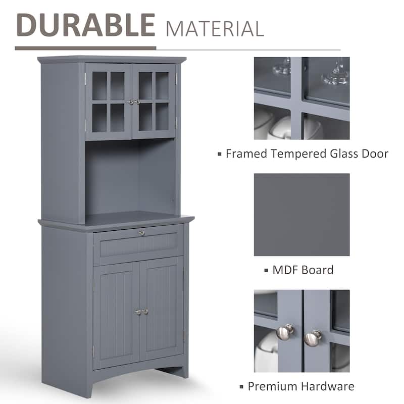 HOMCOM Kitchen Buffet Hutch Wooden Storage Cupboard with Framed Glass Door, Drawer and Microwave Space - 27"x15.75"x64.5"