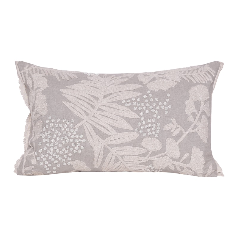 Sevita Hand-Woven Natural/Cream Botanical Linen Throw Pillow, 16" x 24"
