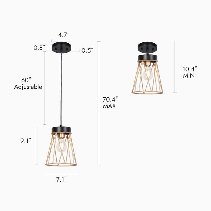 Modern Industrial 1-light Black Gold Pendant Light Cage Bent Linear Design Kitchen Island Light for Dining Room - 7.1" W × 9.1"H