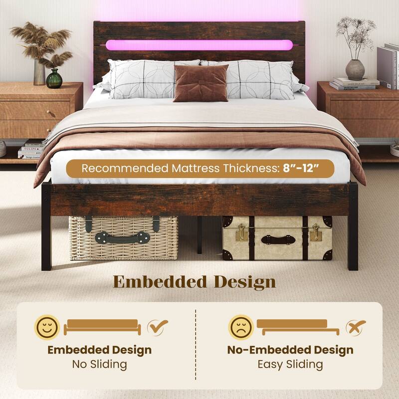 Costway Full Size Bed Frame with Built-in Charging Station Sturdy