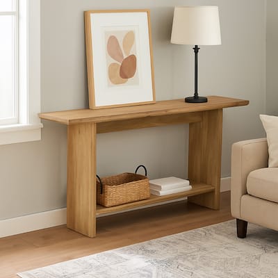 Console Table, Long Rectangular Top, 1 Shelf, 71 Inch Light Brown Wood