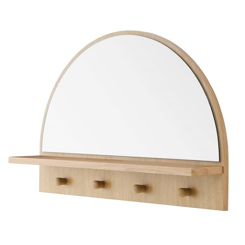 Rancho Modern Oak Arched Wall Mirror with Shelf and Hooks