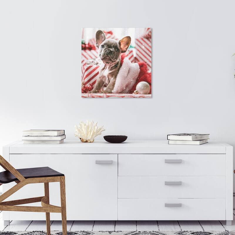 Wynwood Studio Canvas Holiday and Seasonal Puppy Christmas Morning White and Glam Wall Art Canvas Print - 20 x 20
