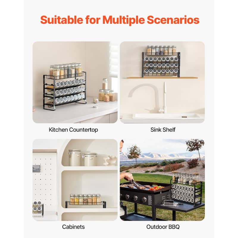 Black Steel 4-Tier Adjustable Spice Rack with Stackable Design and Wall Mount - 4 Tier-Only Spice Rack