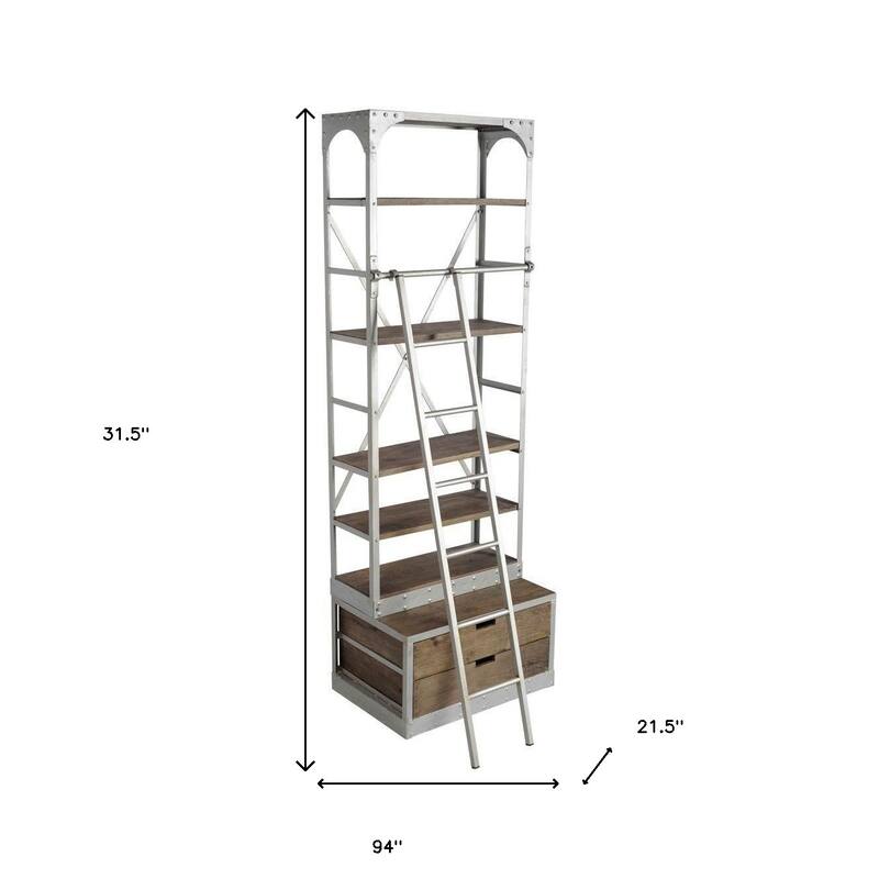 HomeRoots 32" Light Brown And Nickel Metal and Solid Wood Five Tier Library Bookcase with Two Drawers
