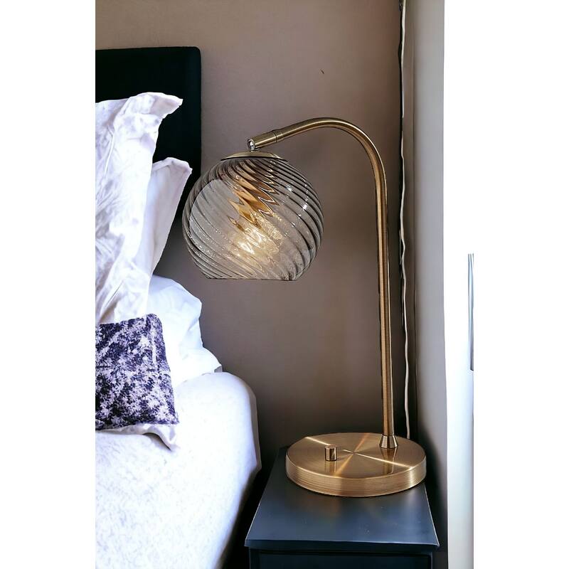 Antiqued Brass Metal Desk Lamp with Light Grey Globe Glass Shade and Socket Switch - 13” x 7.5” x 18.5” (D x W x H)