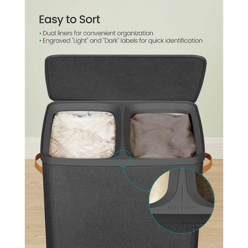 44.9 Gallon Dual-Compartment Laundry Hamper Ink Black, Water-Repellent Polyester - 22"L x 15.7"W x 29.5"H