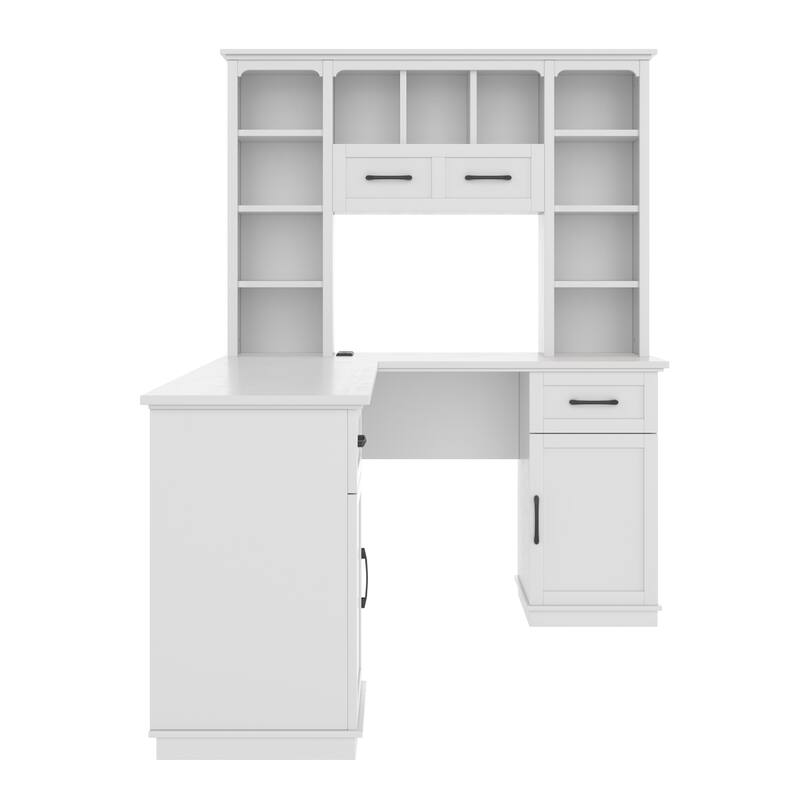 Roomfitters L-Shaped Computer Desk with Hutch, 2 Cabinets, 2 Drawers and 11 Open Shelves, with Power Outlet