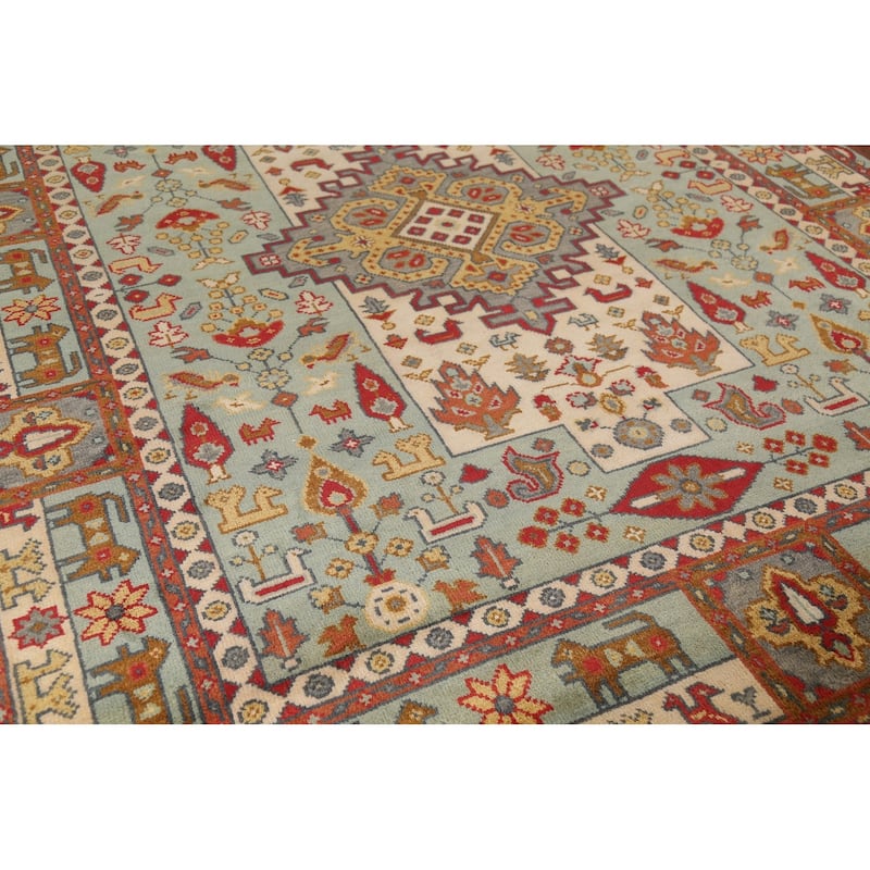 Tribal Green Geometric Heriz Serapi Area Rug Hand-Knotted Wool Carpet - 7'11"x 9'10"