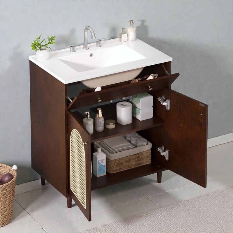 30" Bathroom Vanity with Ceramic Sink, Solid Wood Cabinet, Adjustable Shelf, Tip-Drawer & Rattan Panels