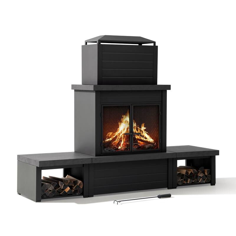 Sunjoy Outdoor Wood Burning with Chimney, Log Holders, Fireplace Tool, and PVC Cover - N/A