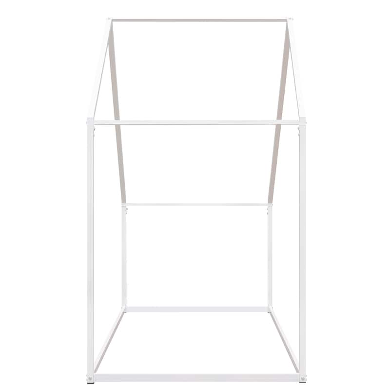 Twin Size Floor Kids Bed, Open Metal House Bed Frame with Roof Design