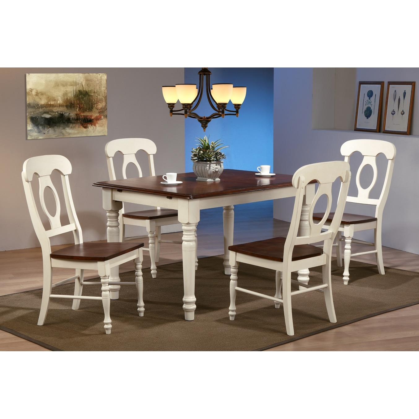 Andrews 5 Piece Solid Wood Top Distressed Antique White with Chestnut Brown Dining Table Set with Napoleon Chairs