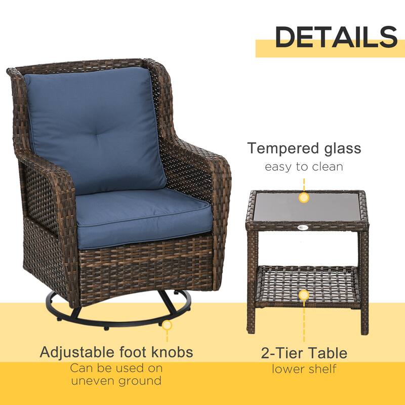 Outsunny 3-Piece Patio Bistro Set, PE Rattan Wicker Outdoor Furniture with Soft Cushions, 2 360° Swivel Rocking Chairs