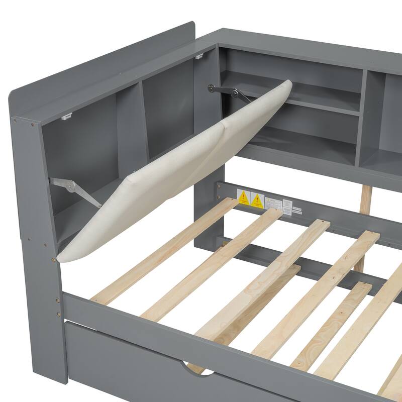 Twin Size Platform Bed with Trundle, Storage Shelves, Headboard with Upholstery, and Space-Saving Rotating Board