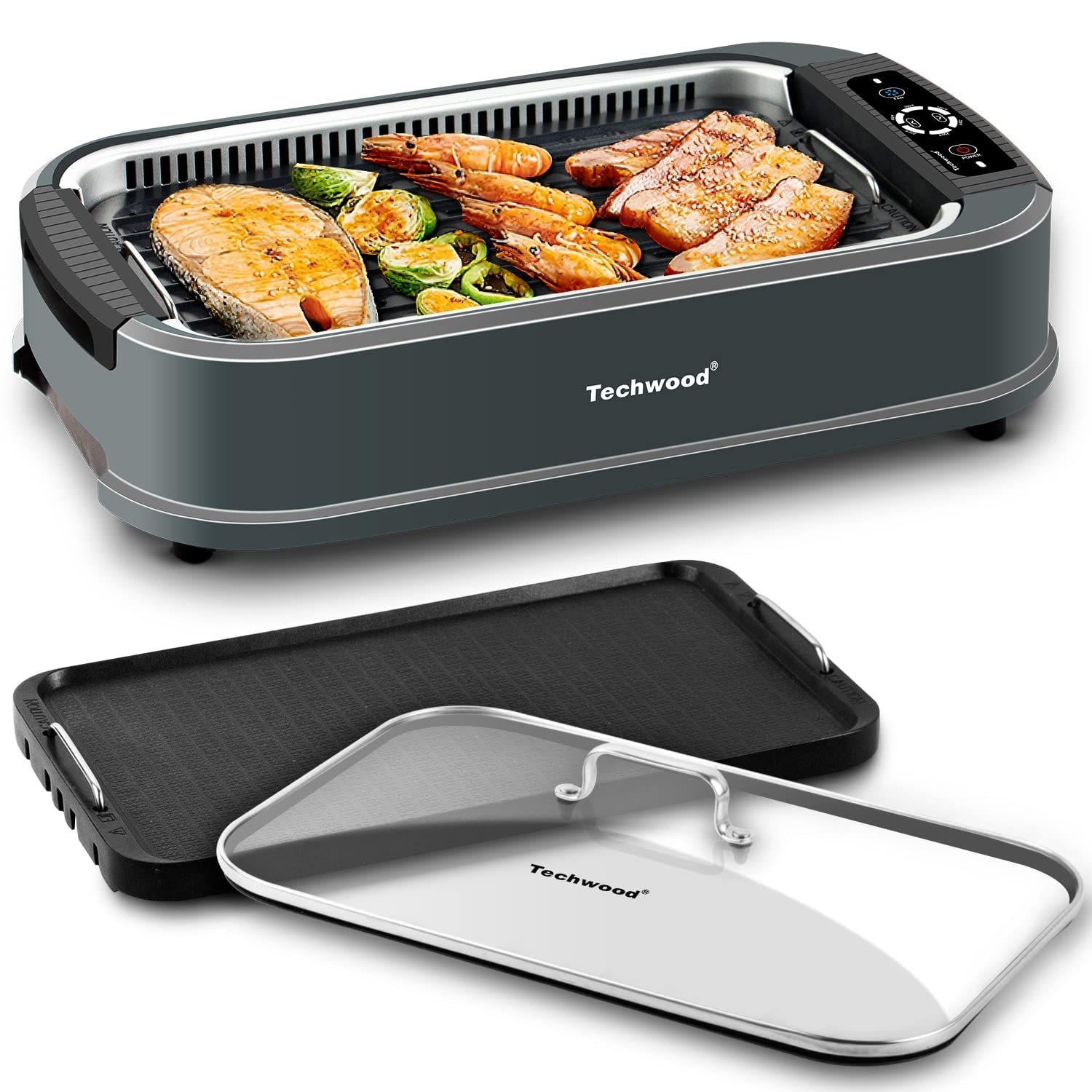 Indoor Grill Smokeless Grill 1500W Indoor Tabletop Grill with Tempered Glass Lid Removable Grill Griddle Plates with Drip Tray
