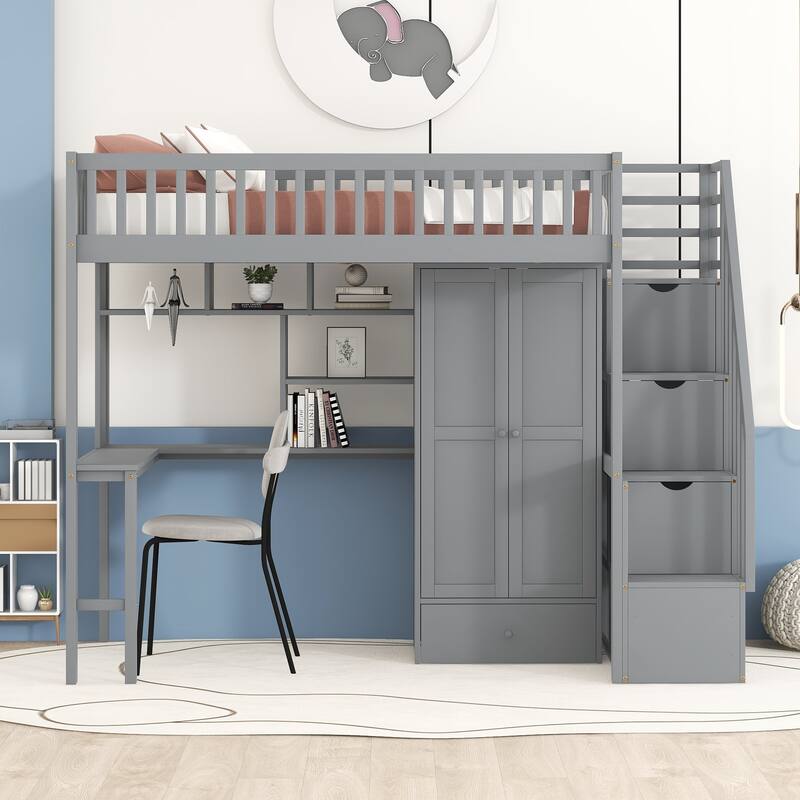 Loft Bed with Bookshelf,Drawers,Desk,and Wardrobe - Grey - Twin