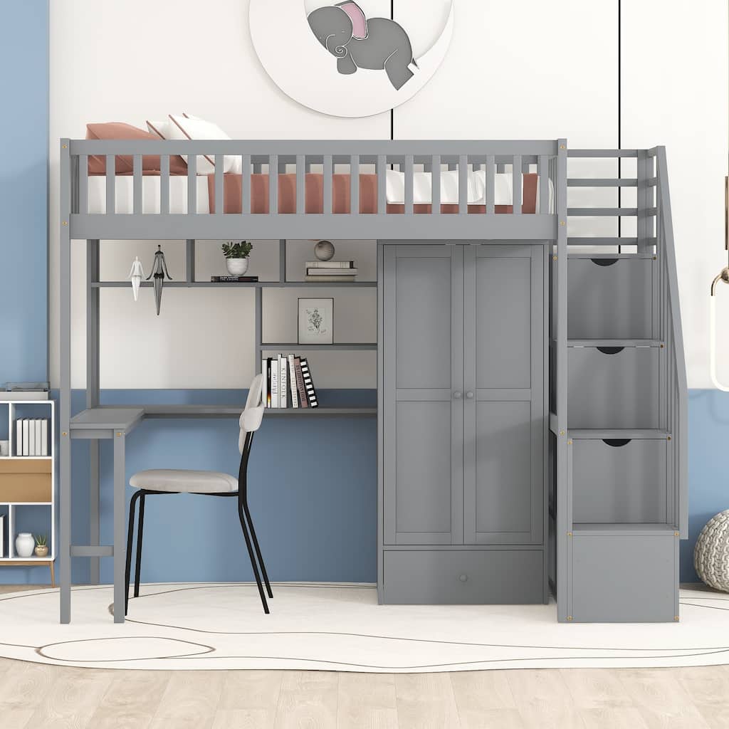 Twin size Loft Bed with Bookshelf,Drawers,Desk,and Wardrobe