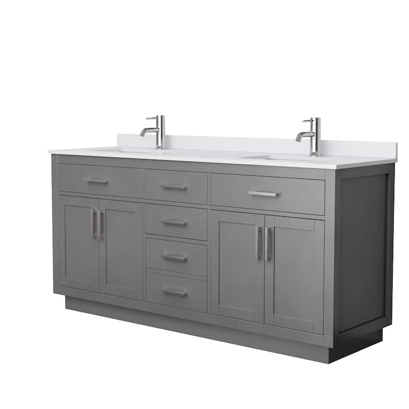 Beckett TK 72-inch Double Vanity, Cultured Marble Top - Dark Gray, Nickel Trim, White Cultured Marble Top