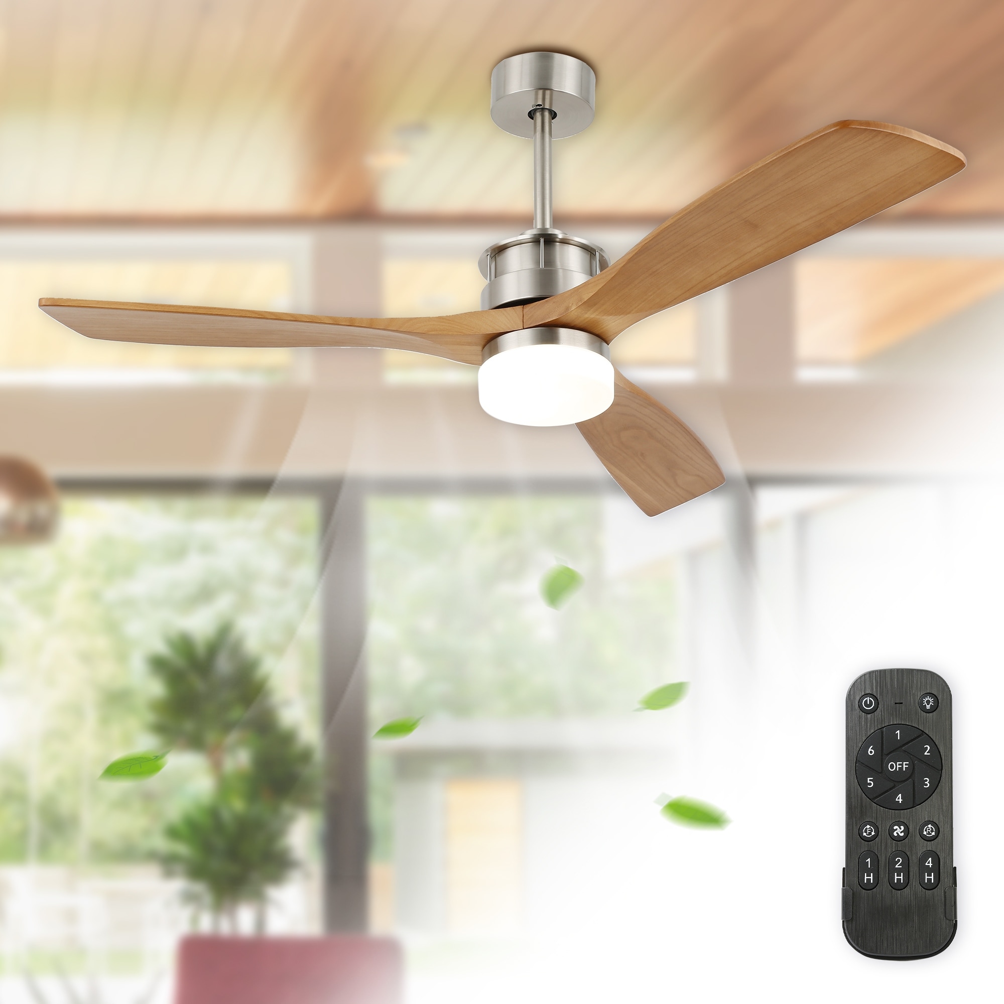 52 Inch Walnut Wood Ceiling Fan with Lights and Remote, 6 Speed Farmhouse Ceiling Fan 3 Blades - 52 Inch