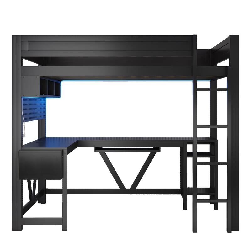 Wood Full Size Gaming Loft Bed Frame with Computer Desk, Grid Storage Panel, Storage Shelves, Cabinet, LED and Charging Station