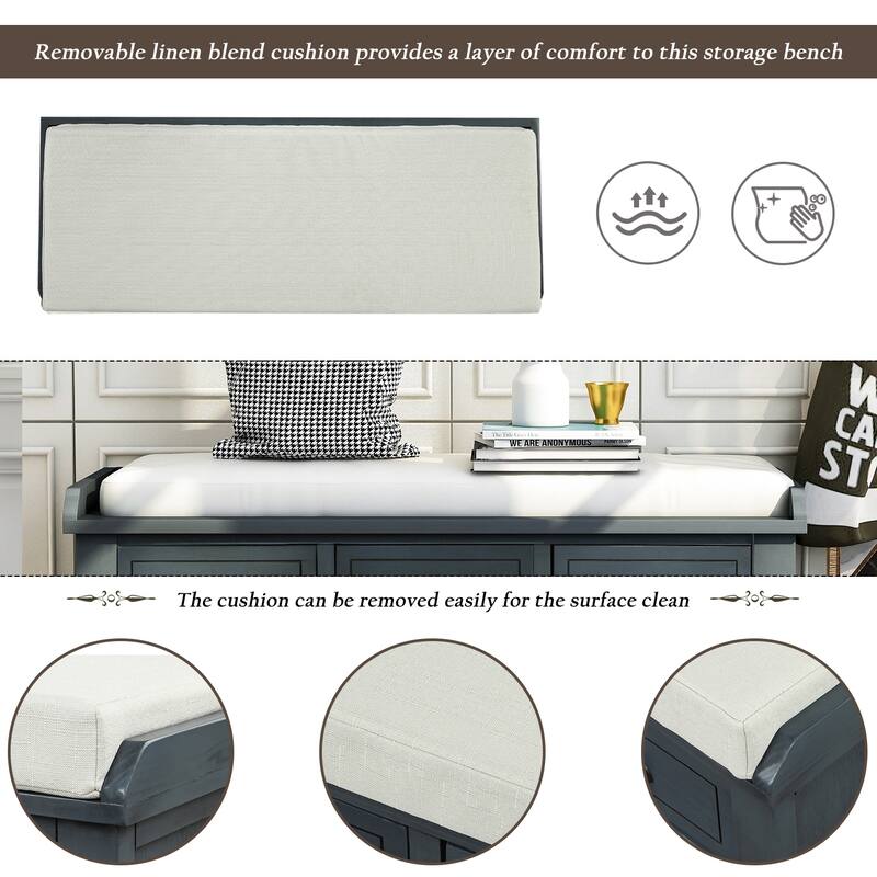 Rustic Linen Upholstered Storage Bench with Drawers & Rattan Baskets - Perfect for Farmhouse Decor