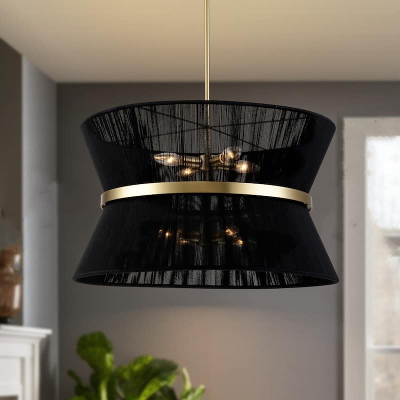 24 inch 8-Light Modern Farmhouse Large Round Chandelier Patinaed Brass/ Bleached Tiered Drum Natural Hand-woven Rope Chandelier