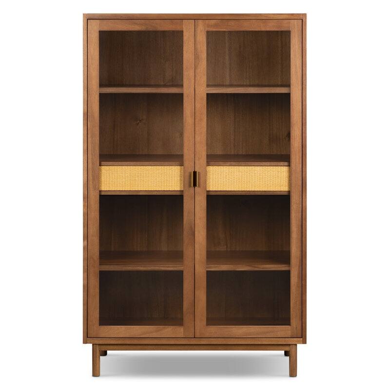 Nuvon Walnut-Finished Acacia Wood Cabinet with Double Glass Doors