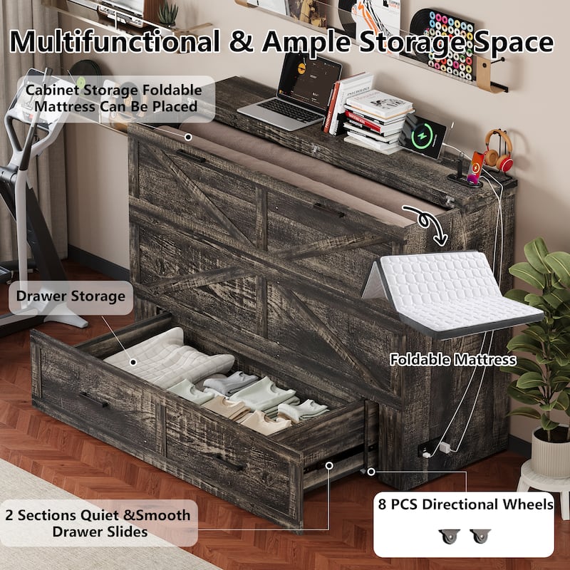 Queen Murphy Bed with Charging Station,Farmhouse Murphy Cabinet Bed with Large Storage Drawer,Hideaway Foldable Platform Bed