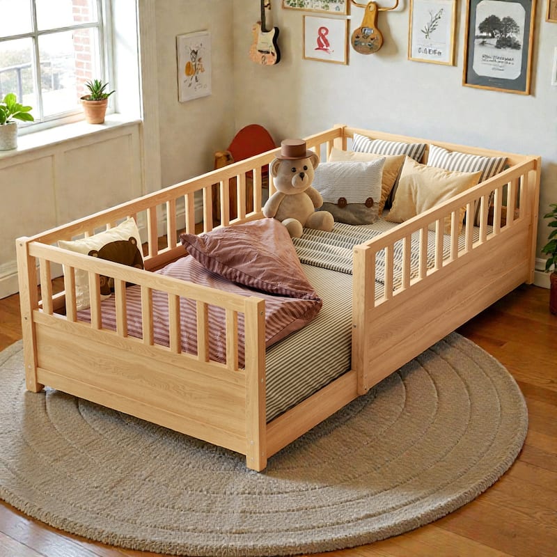 Montessori Wooden Floor Bed with High Safety Fence and Door, Pine Kids Floor Bed Frame for Boys and Girls