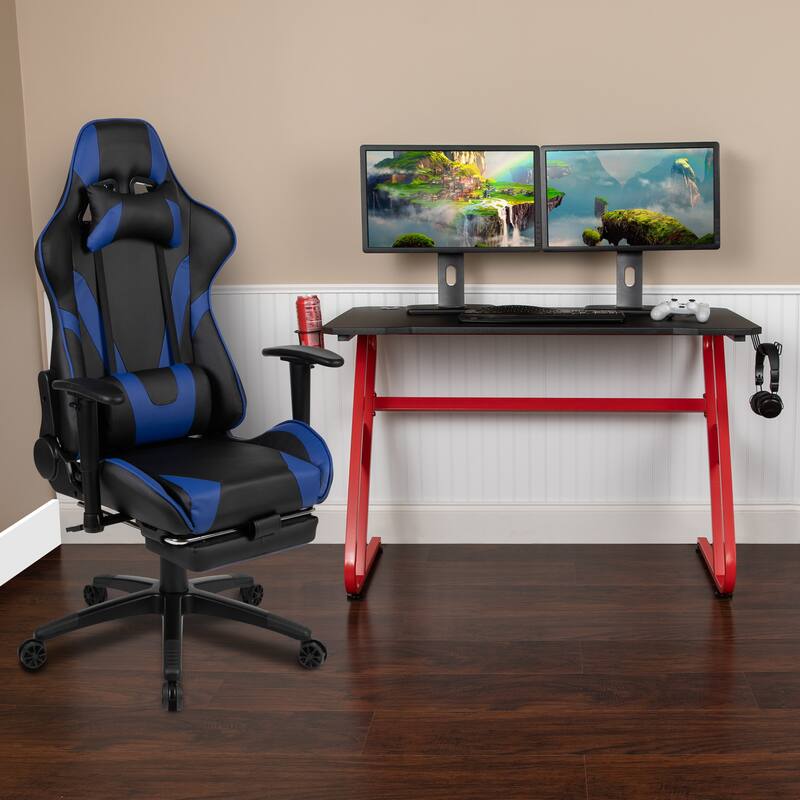 Desk Bundle - Gaming Desk, Cup Holder, Headphone Hook and Reclining Chair - Blue