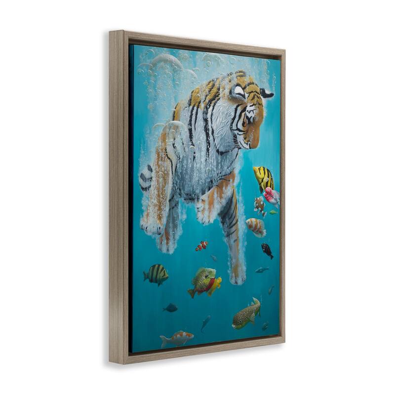 Stupell Swimming Tiger Among Fish Framed Floater Canvas Wall Art Design By Heather Gauthier