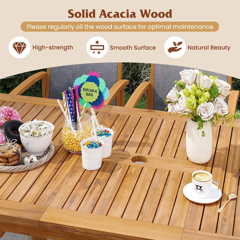 Natural Acacia Wood Extendable Patio Dining Table with Umbrella Hole - 55"/71" x 32" x 29.5" (L x W x H)