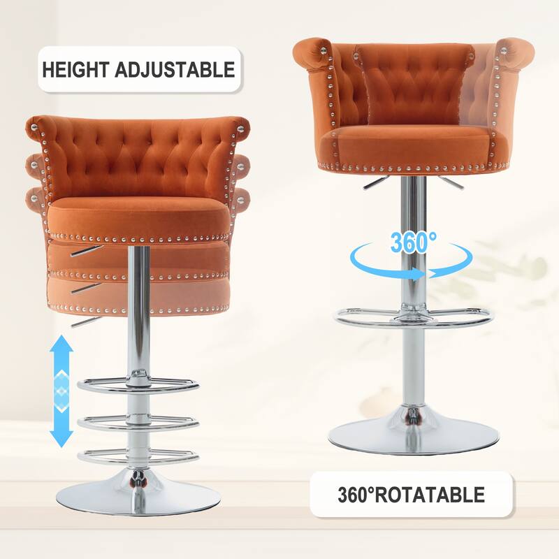 Adjustable Velvet Swivel Bar Stools with Metal Leg (Set of 2)