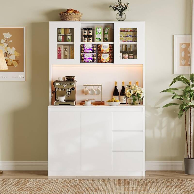 71" Tall Pantry Cabinet with Charging Station and Led Lights, Kitchen Hutch with Microwave Stand for Dining Room, Living Room