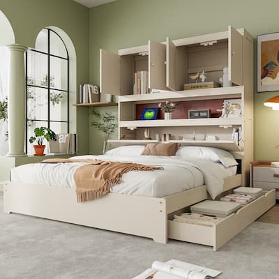 Full Size Wooden Platform Bed with USB and Drawers