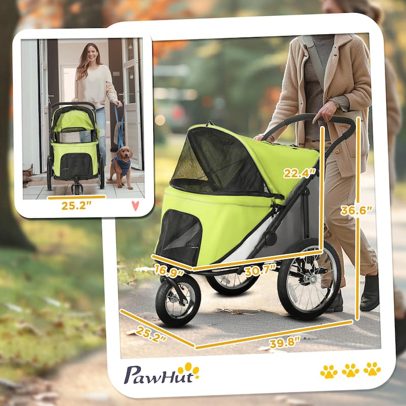 PawHut Dog Stroller, Pet Stroller 3 Wheels with Easy One-Hand Fold, Rubber Wheels, Storage Bag, Soft Cushion, Safety Leash