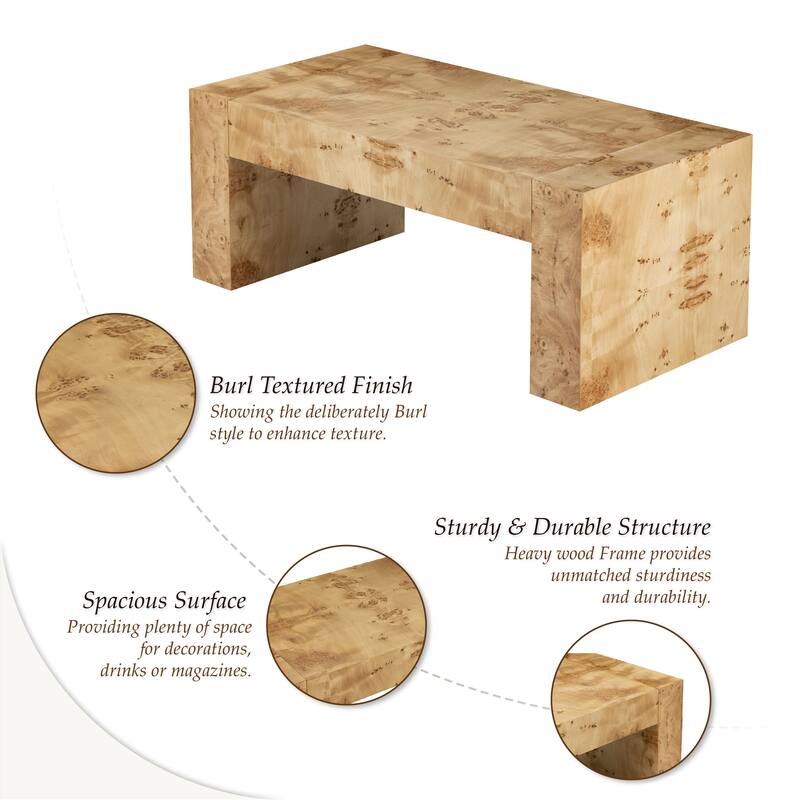 COZAYH Rustic Wood Coffee Table with Burl Finish, Farmhouse Style Center Table with Chunky Block-Legs, Lounge, Rectangular