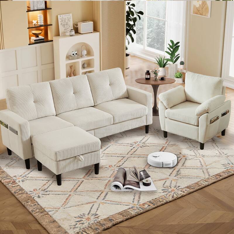 3 Pieces Corduroy Living Room Set with Sofa ,Storage Ottoman and Chair