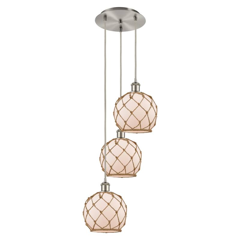 Innovations Lighting Endless Possibilities Ballston - Farmhouse Rope - 3 Light 15" Cord Hung Multi Pendant - White Glass with Brown Rope/Brushed Satin Nickel