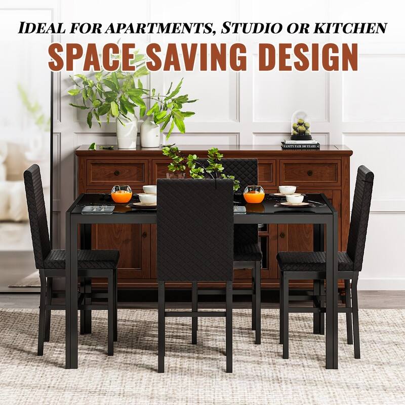 Grondin Modern Style 5-Piece Dining Room Table Set with Tempered Glass Tabletop and 4 Diamond Stitching PU Leather Dining Chairs