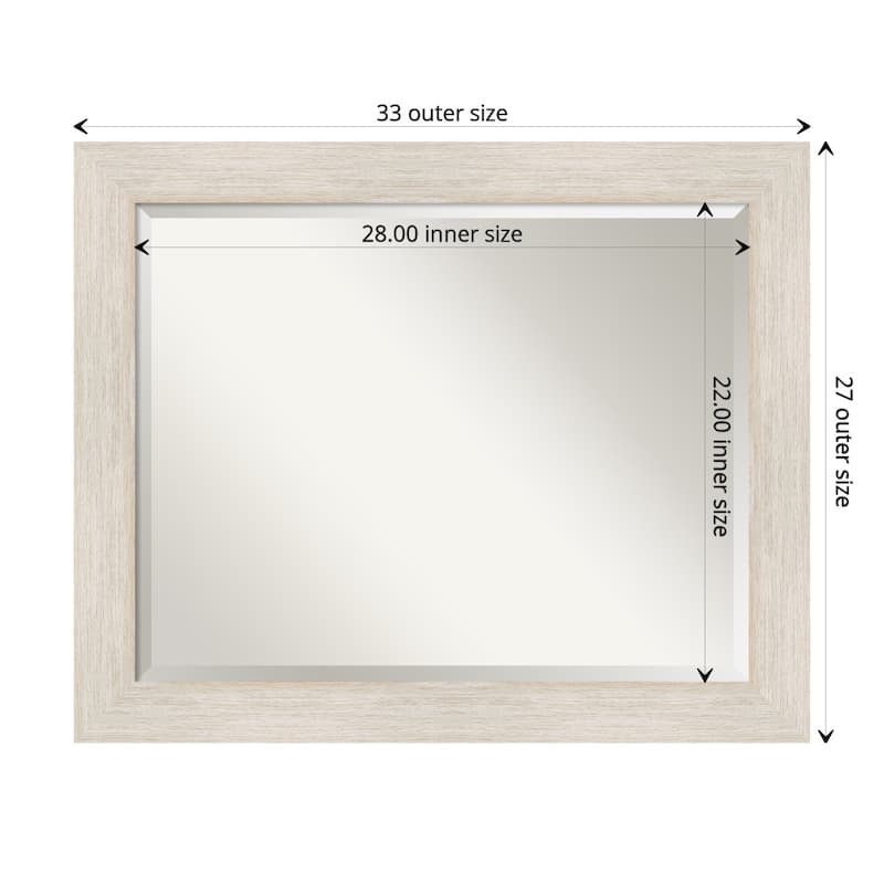 Beveled Wood Bathroom Wall Mirror - Hardwood Whitewash Frame - Hardwood White Wash - Outer Size: 33 x 27 in