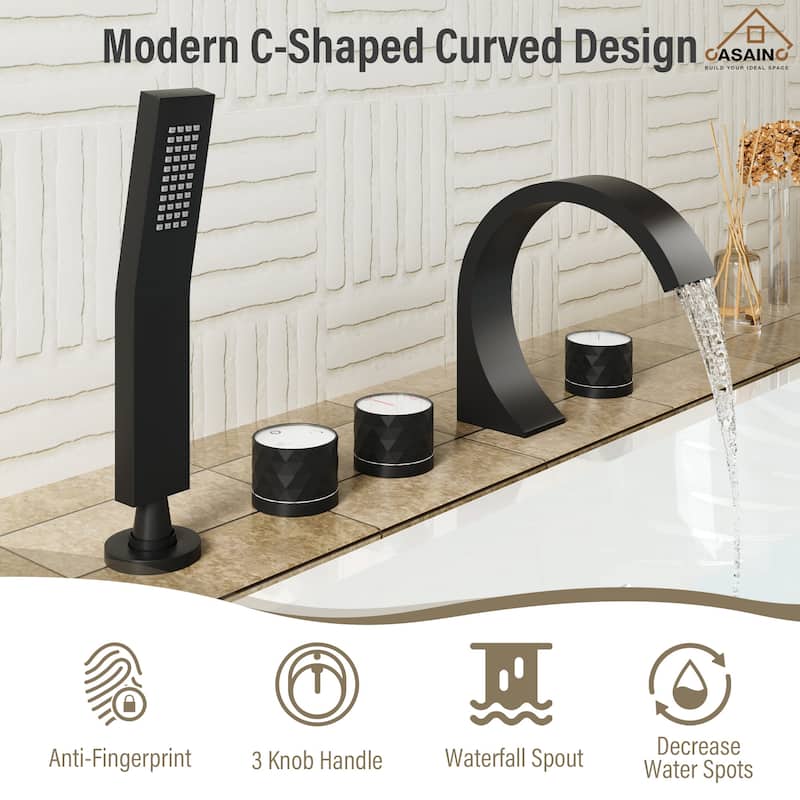 Waterfall 3-Handles Deck-Mount Roman Tub Faucet with Hand Shower (Valve Included)